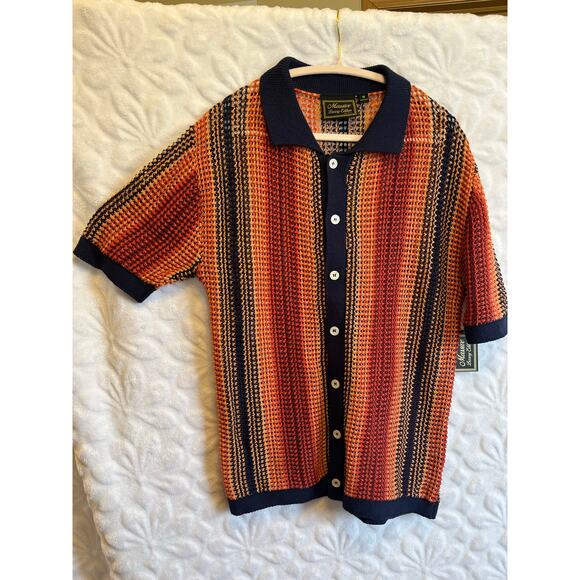 Massive luxury orange navy crochet knit button down polo shirt NWT size M - Picture 1 of 7